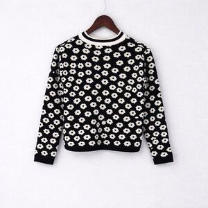Black White Daisy Knit Sweater Retro Floral Pattern Mod Pullover S